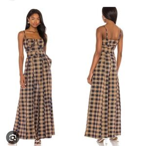 Free people hold me tight jumpsuit gingham belted wide leg navy brown
